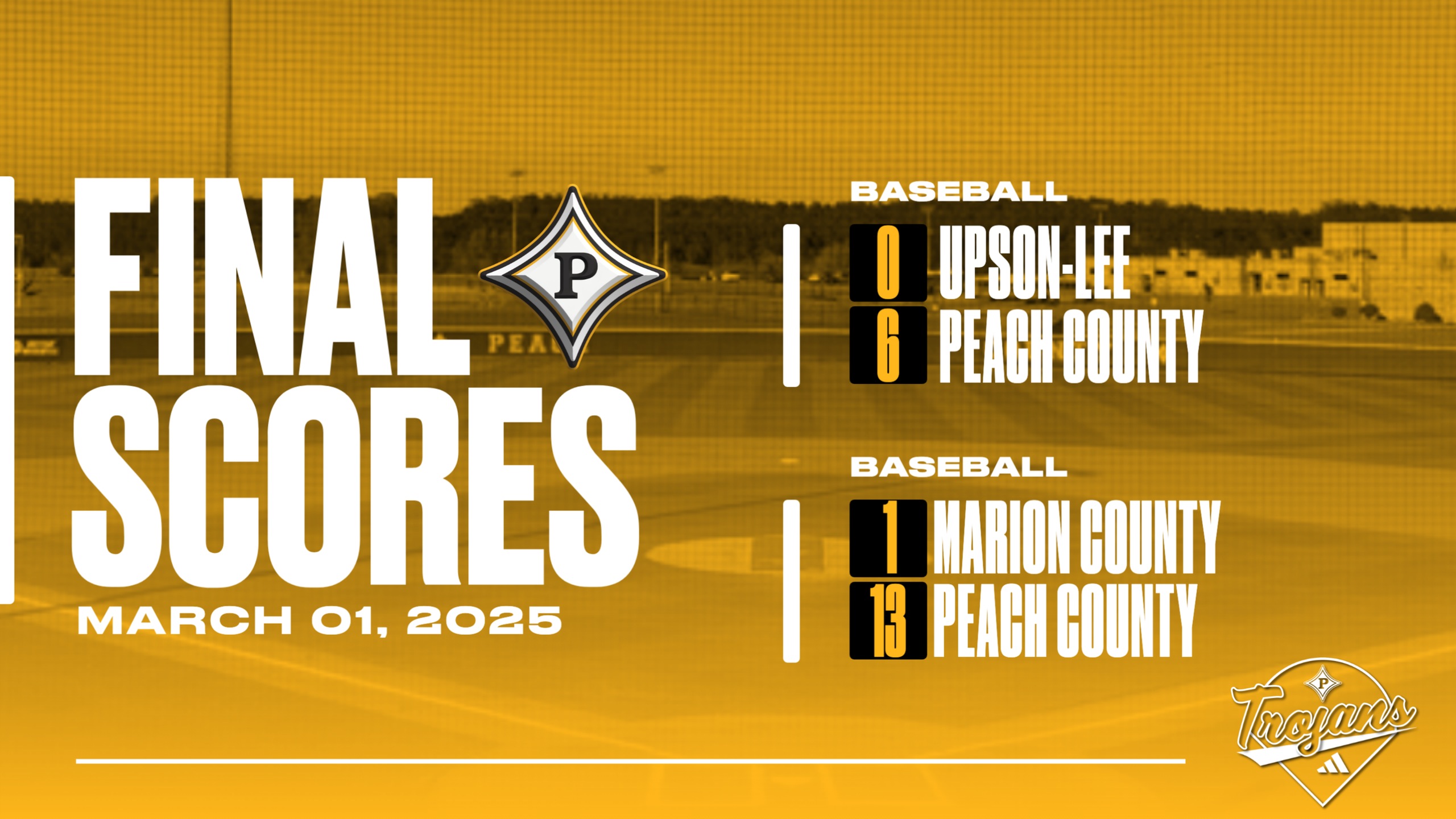 Peach County Baseball sweeps its Diamond Day 6-0 and 13-1 to improve to 9-2